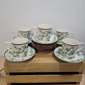 Five International Tableworks Country Green Vine Ivy Cups Saucer Made in England